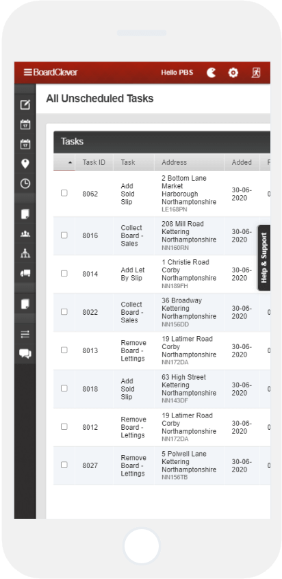 Board Clever System Phone Mockup. Estate agent signs fitter tasks displayed.
